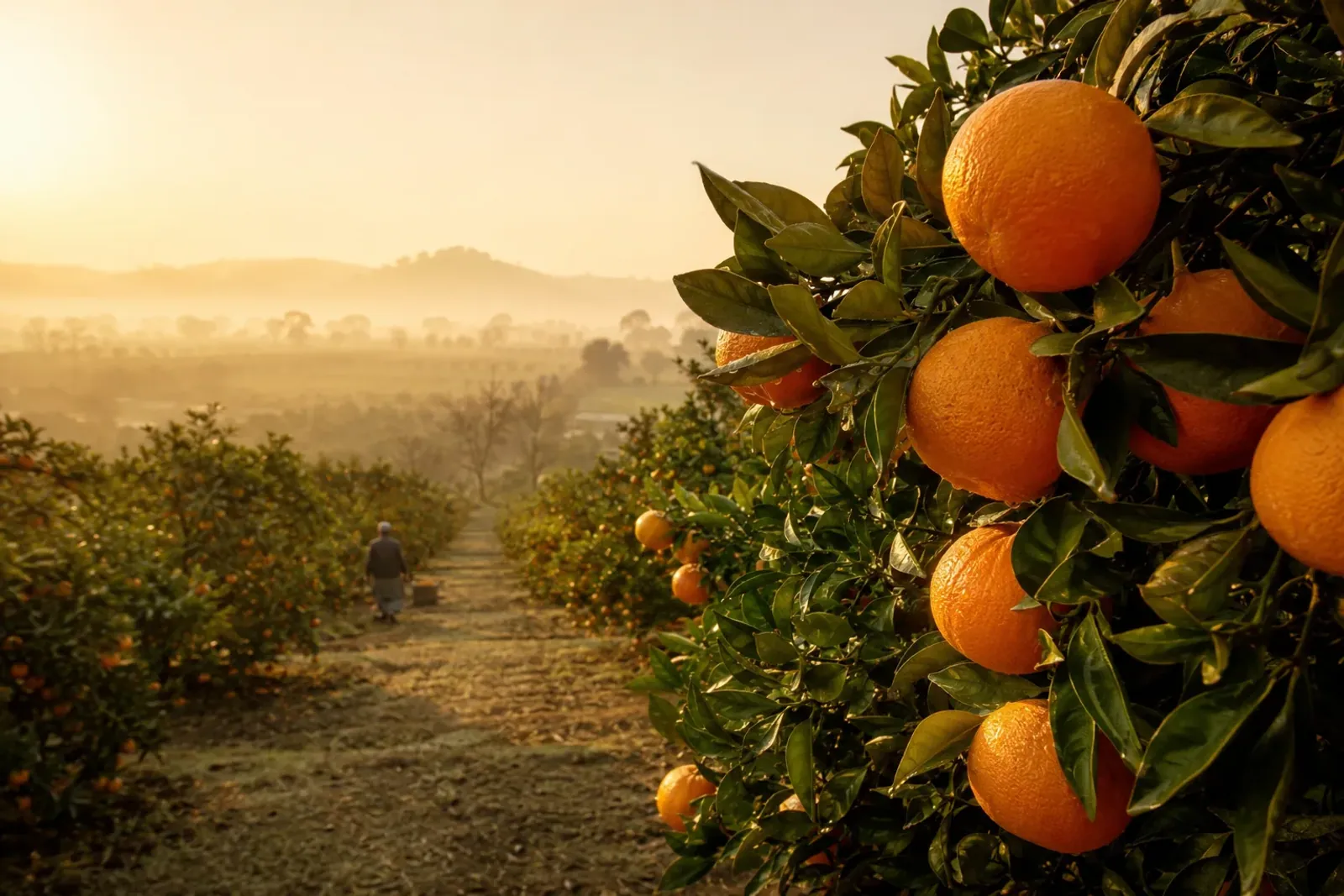 Ripe kinnow fruit growing in a Pakistani citrus orchard at sunrise